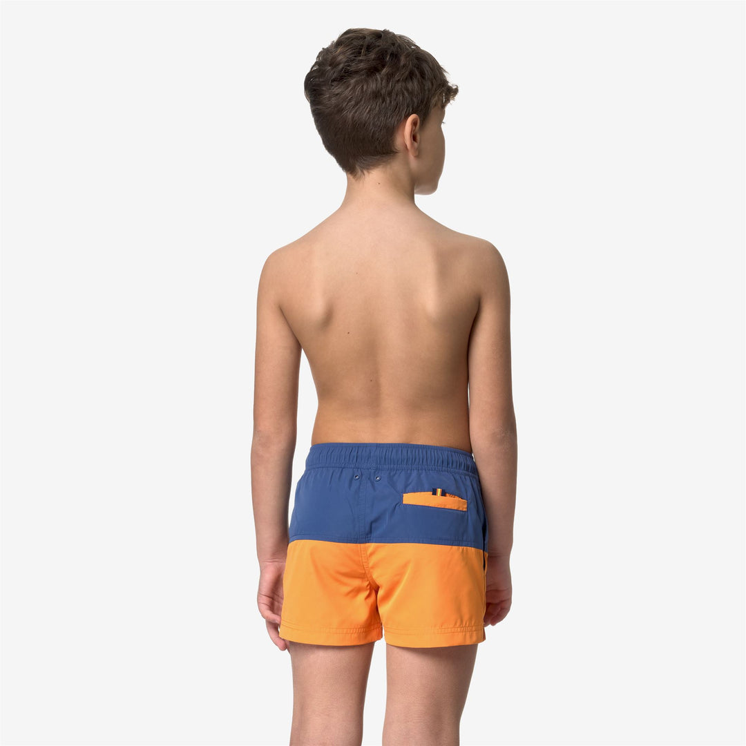 Bathing Suits Boy P. LESLIE Swimming Trunk BLUE FIORD - ORANGE MD Dressed Front Double		