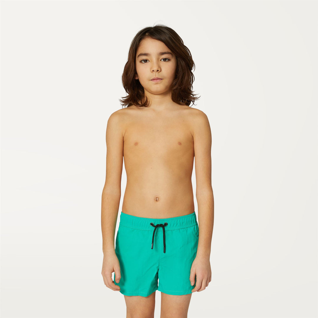 Bathing Suits Boy P. LE VRAI OLIVIER Swimming Trunk GREEN MARINE Dressed Back (jpg Rgb)		