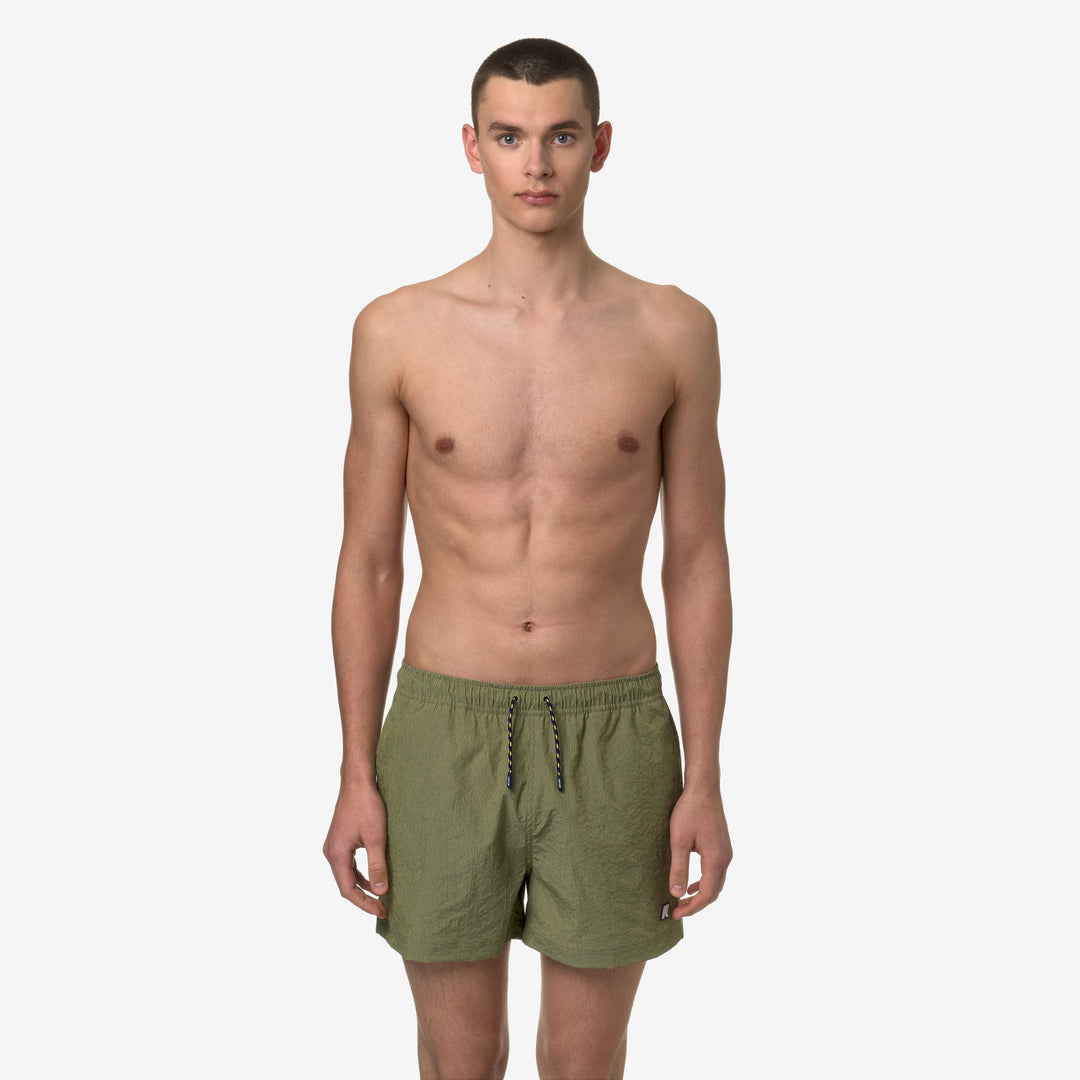 Bathing Suits Man LOIRET Swimming Trunk GREEN STRIPES Dressed Back (jpg Rgb)		