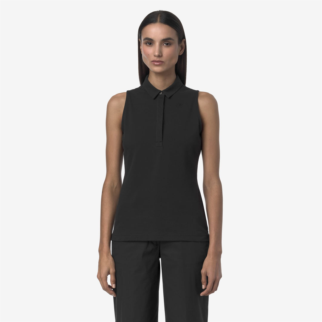 Camisa polo sin mangas de piqué elástico negra y gris para mujer 01