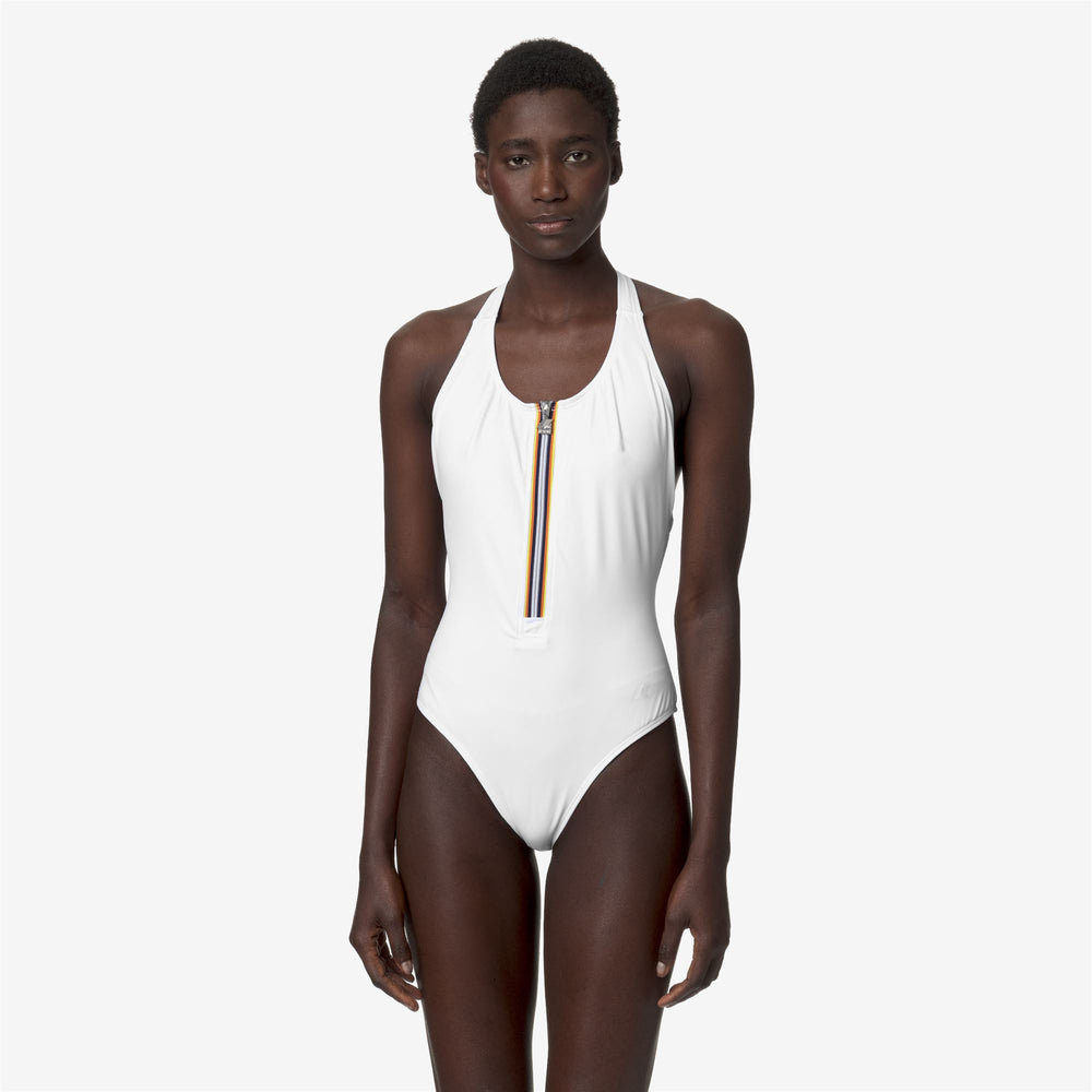 Grey White Women's Halterneck One-Piece Swimsuit with Zip 02