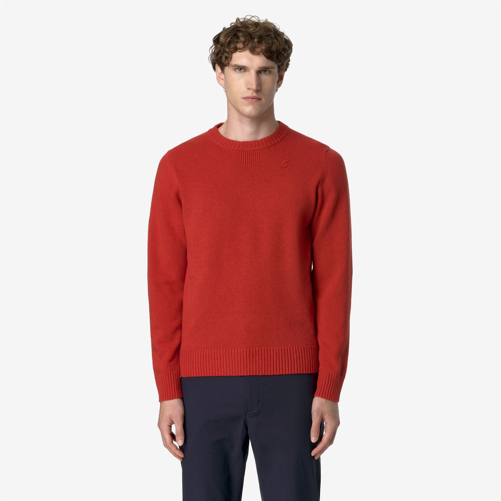 Red Men's Warm Wool Knit Pullover with Ribbed Details 02