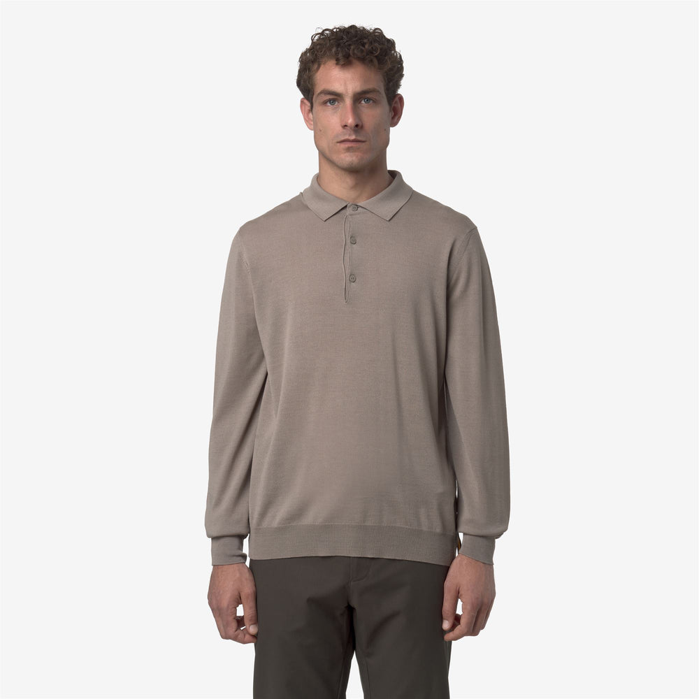 Beige men's Merino wool pullover sweater with polo collar 02