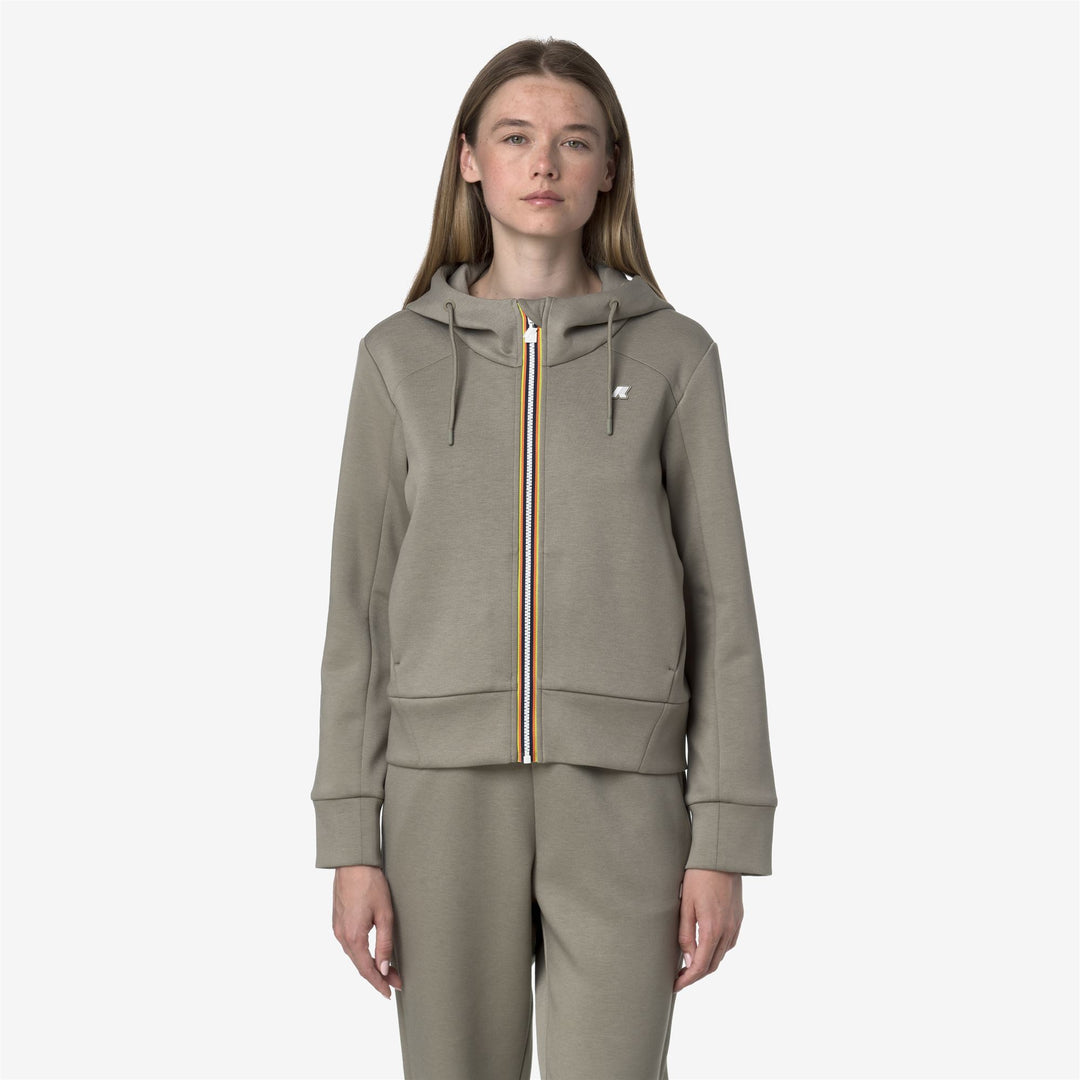 Giacca sportiva corta in pile verde da donna con cappuccio main