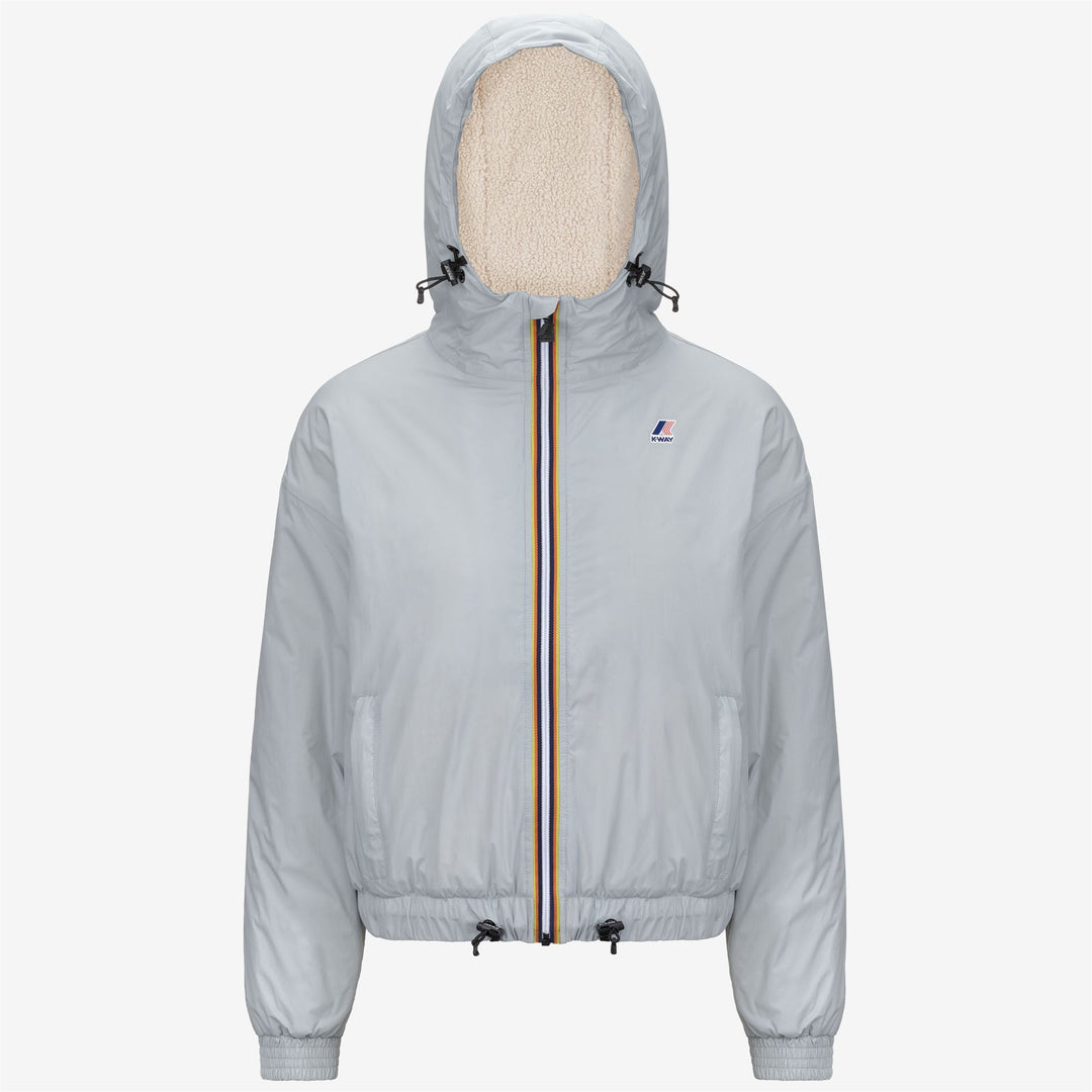 Chaqueta corta aislante gris con capucha para mujer 01