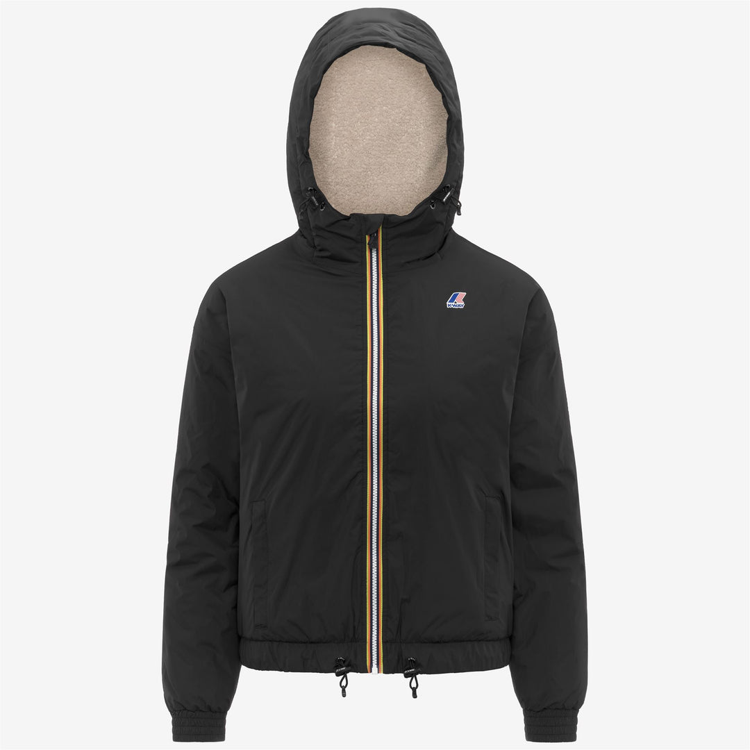 Giacca corta isolante da donna nera con cappuccio 01