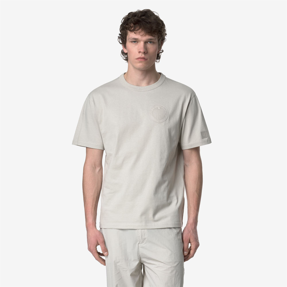 Beige Grey Men's Casual Cotton T-Shirt with Logo Appliques 02