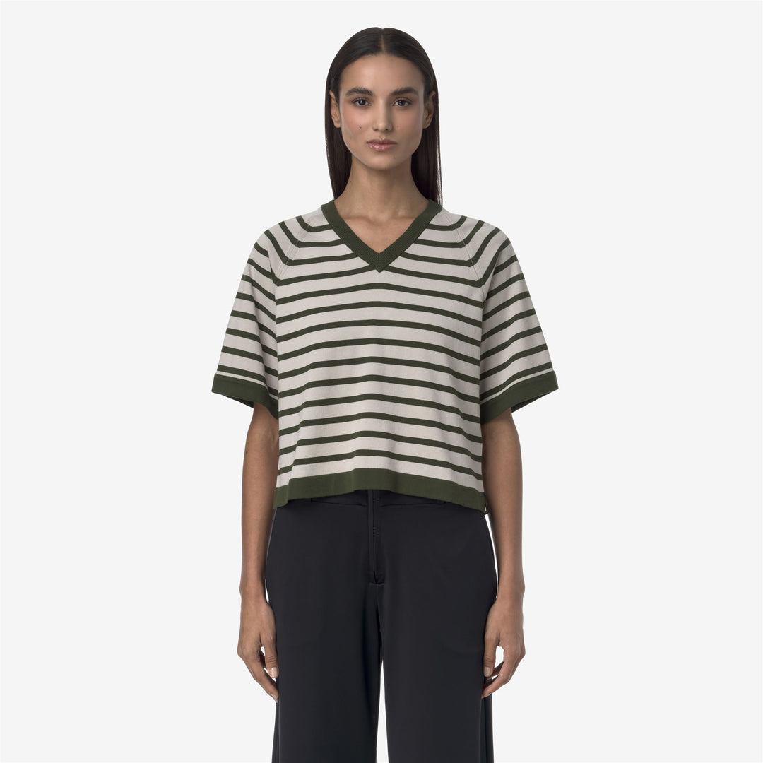 Beige Grey Women's Striped Knit Pullover Sweater for Summer 01