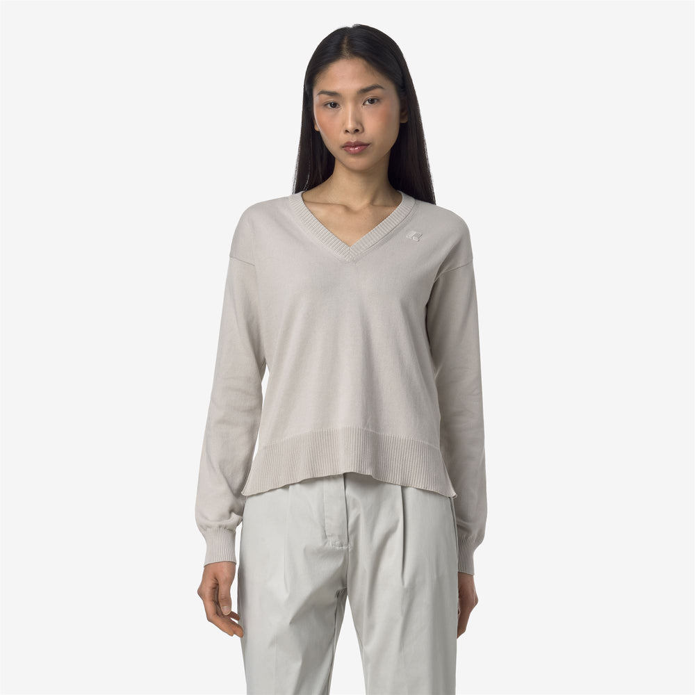 Beige Grey Women's Cotton V-Neck Crop Sweater with Ribbed Trims 02
