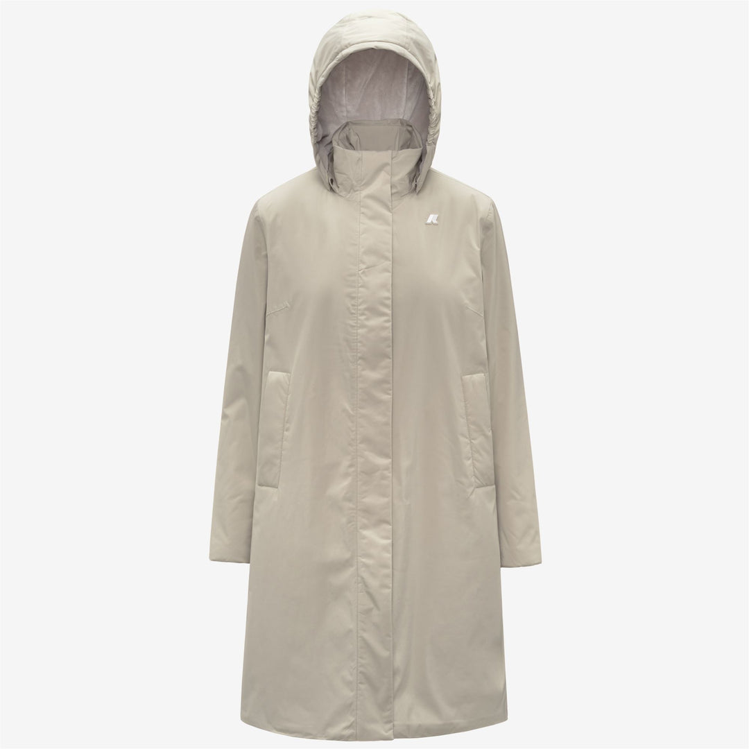 Chaqueta impermeable larga beige para mujer con forro de piel sintética 01