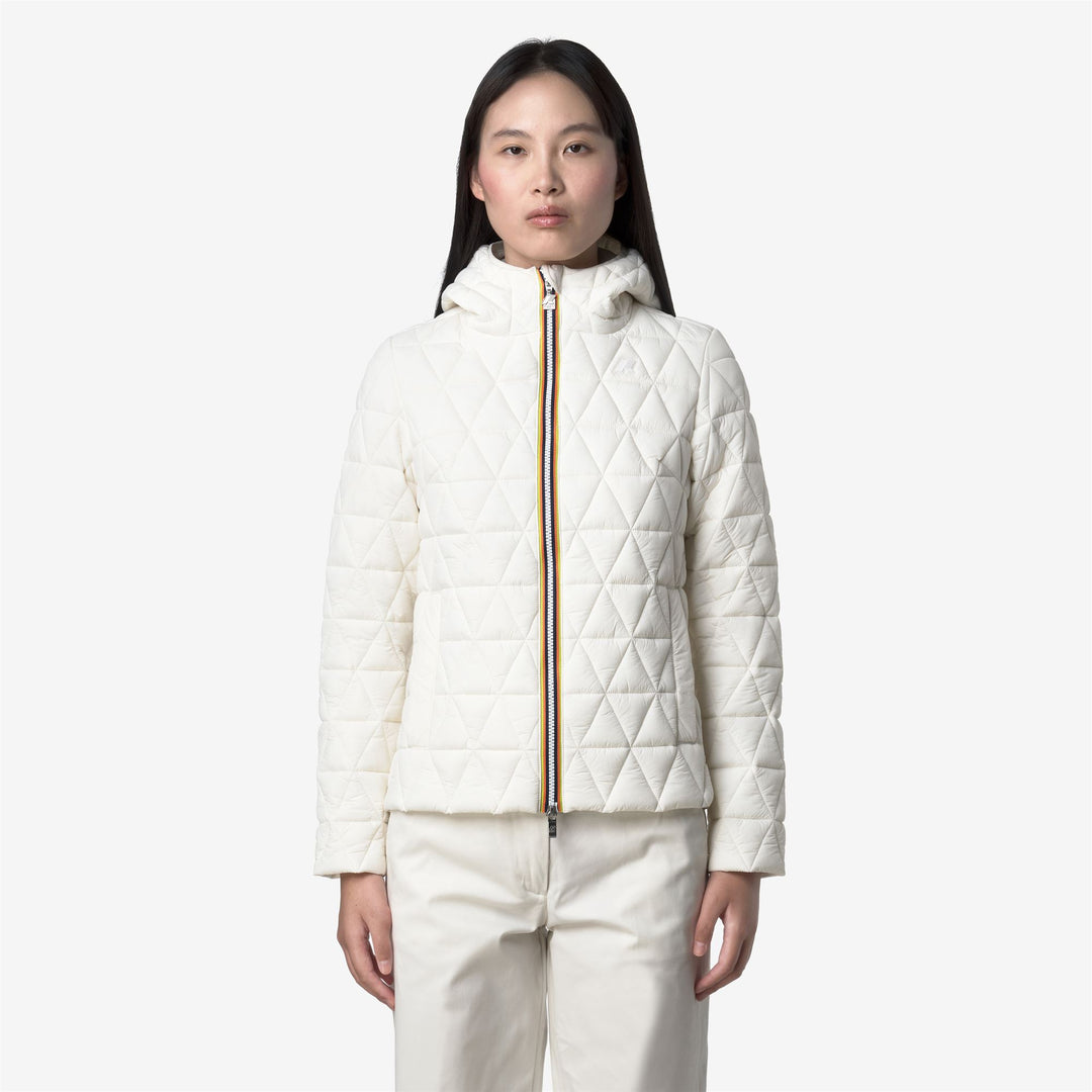 White Women's Short Quilted Jacket with Padded Hood 01