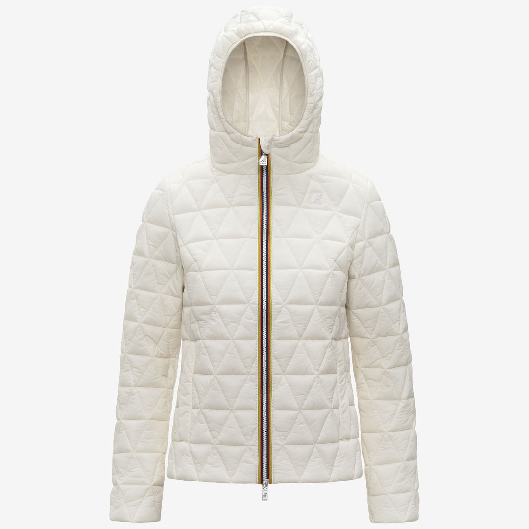 Chaqueta corta acolchada blanca para mujer con capucha acolchada 01