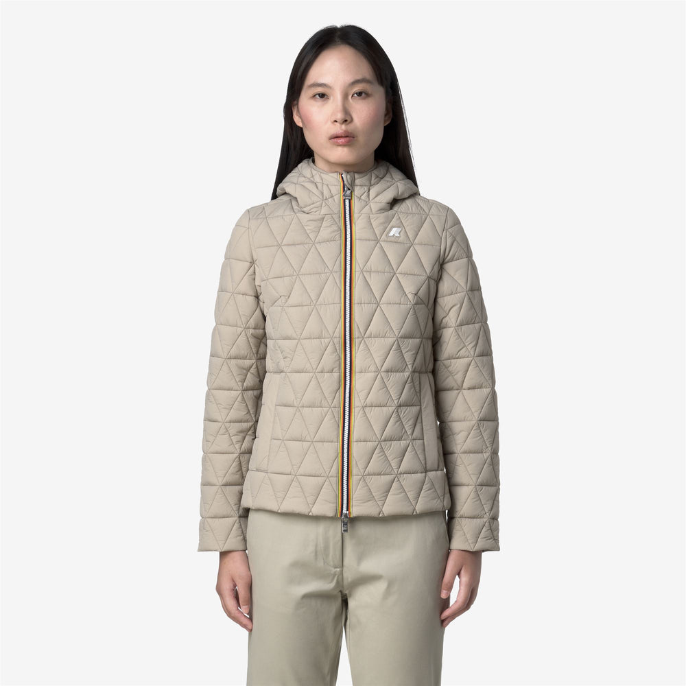 Beige women's short quilted jacket with water-repellent nylon 02