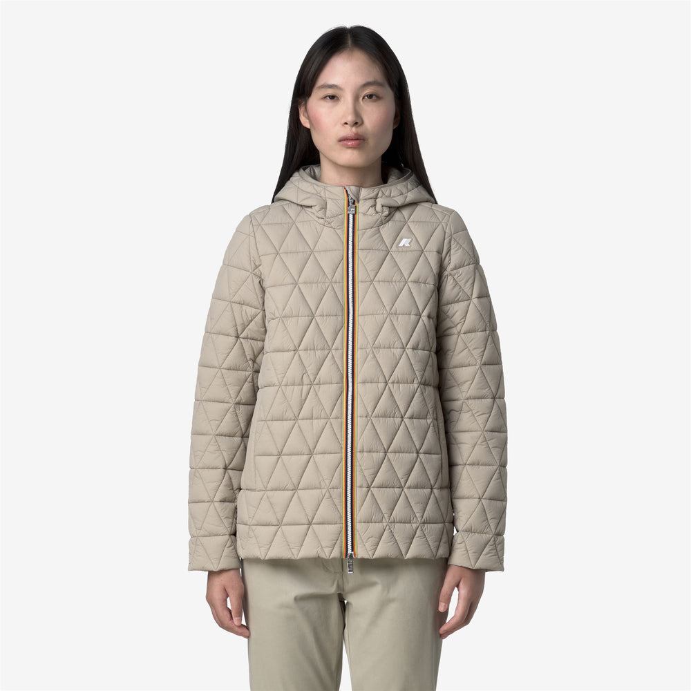Beige women's short quilted jacket with hood and Primaloft padding 02