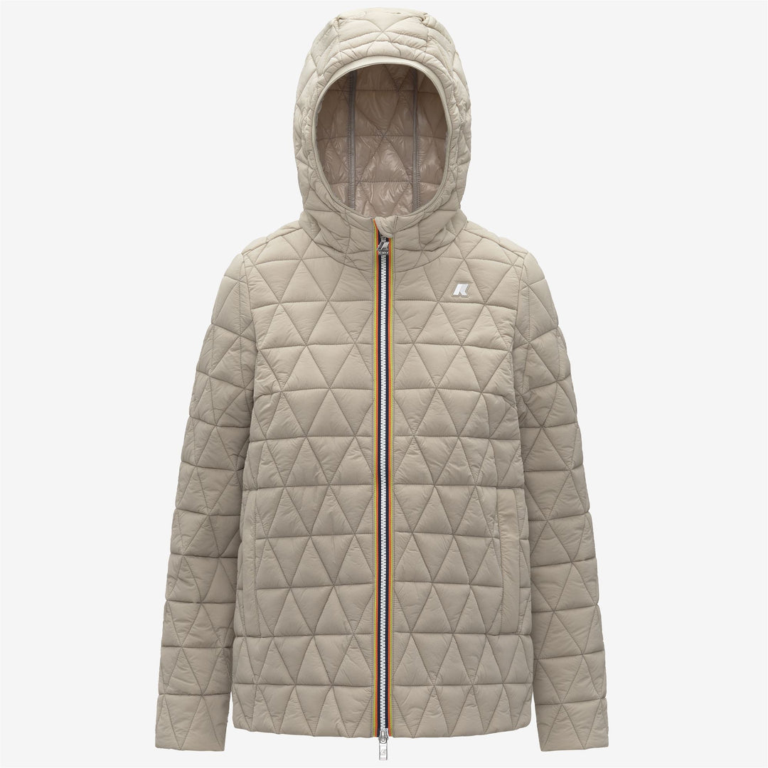 Beige women's short quilted jacket with hood and Primaloft padding 01
