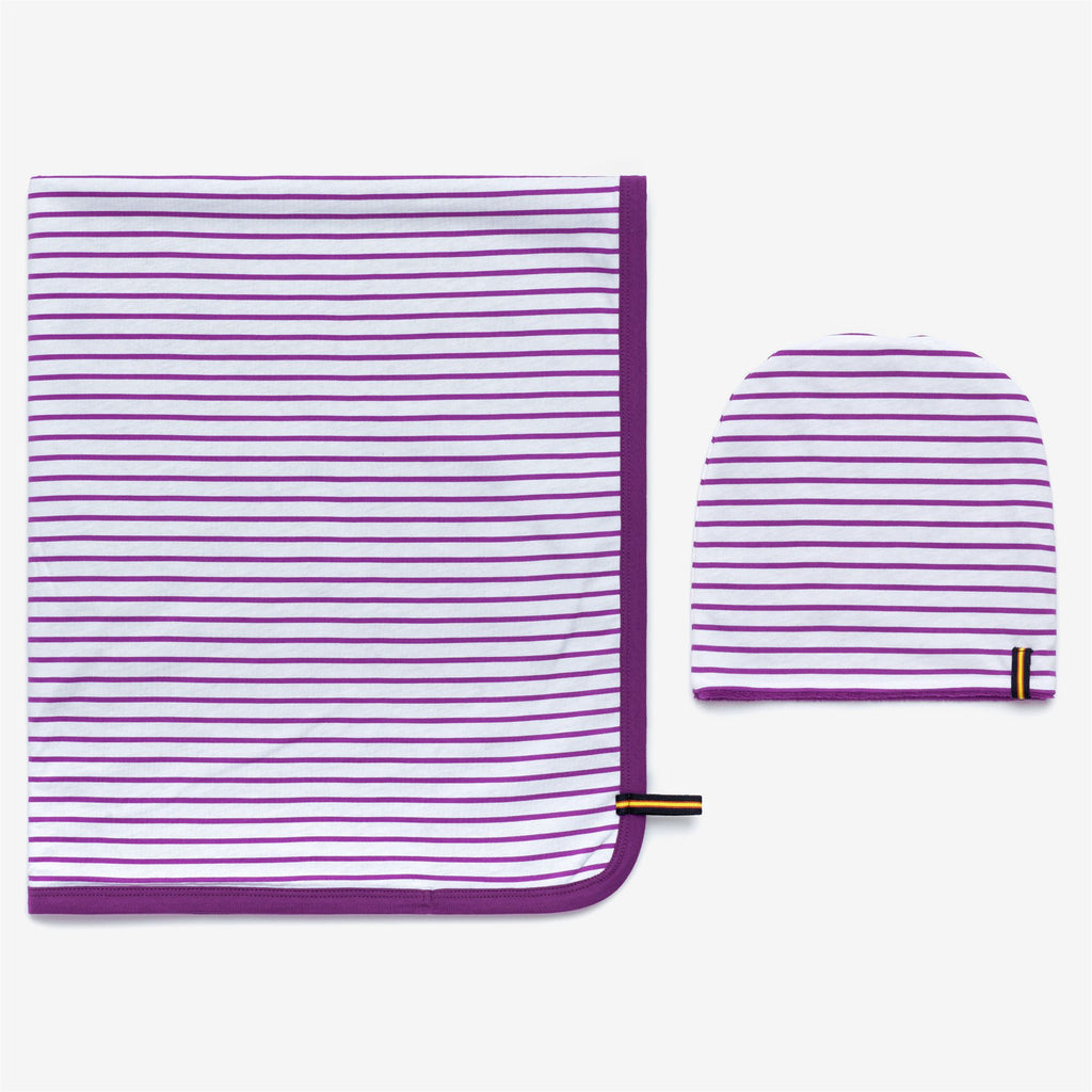 Sets_KID UNISEX_E. SET STRIPES DOUBLE_Blanket / Hat / Shoes_White - Violet - Commercial 3