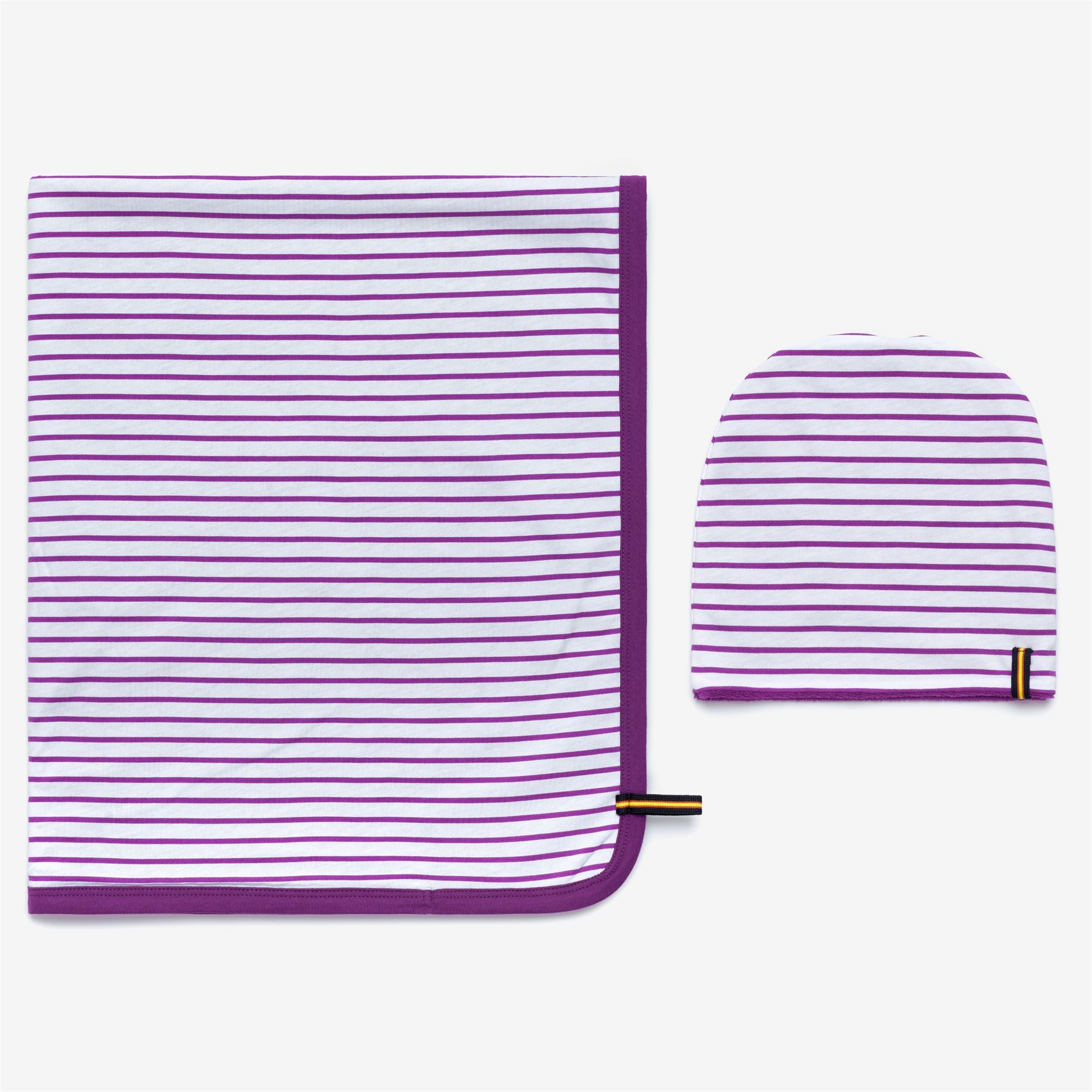 Sets_KID UNISEX_E. SET STRIPES DOUBLE_Blanket / Hat / Shoes_White - Violet - Commercial 3
