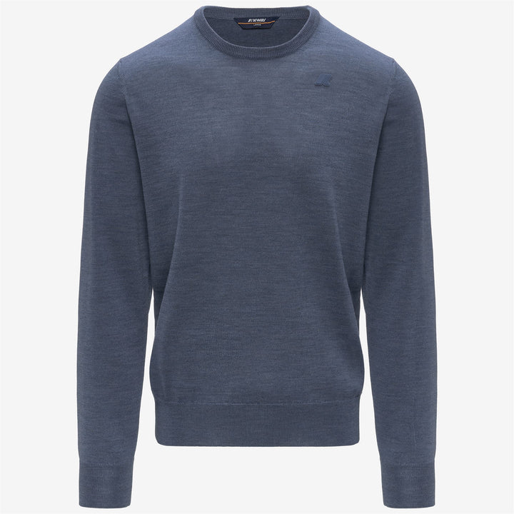 Jersey de cuello redondo de lana merino azul para hombre con ribetes acanalados 1