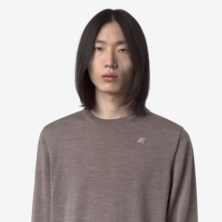 Beige men's Merino Wool Crewneck Pullover with Ribbed Trims 2
