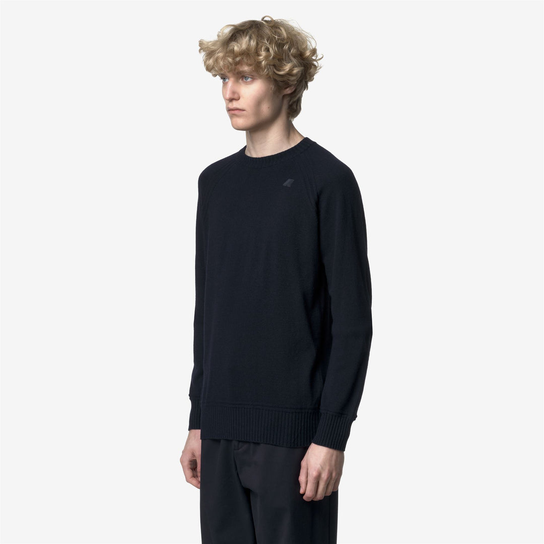 Jersey de cuello redondo de lana de cachemira azul para hombre con ribetes acanalados main