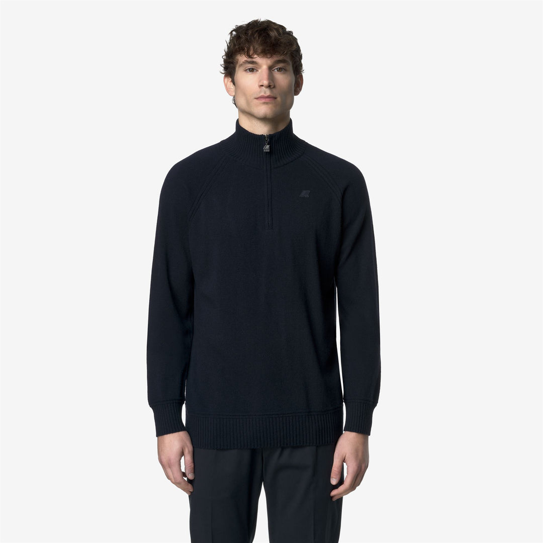 Polo in cashmere e lana blu da uomo con mezza zip main