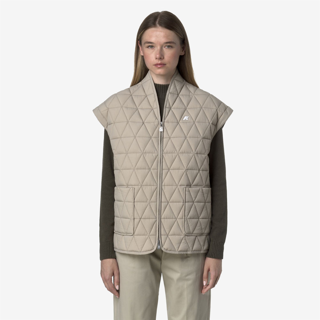 Beige women's quilted short vest with eco-friendly padding 01