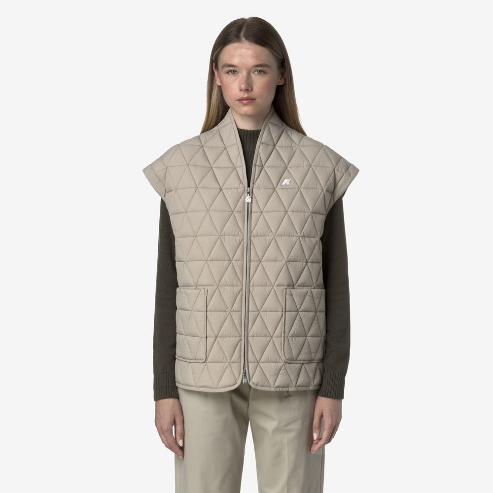Beige women's quilted short vest with eco-friendly padding 02