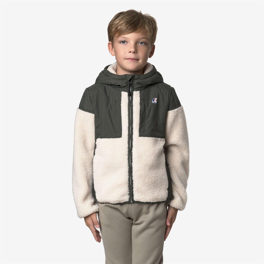 Felpa con cappuccio in pile verde nerastro per bambini con tasche e cerniera main