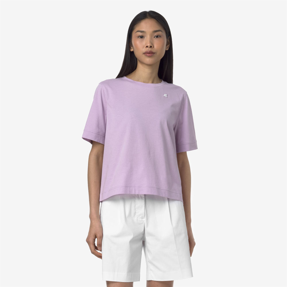 Camiseta de algodón casual violeta para mujer con corte boxy 02