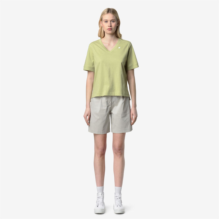 T-shirt da donna con scollo a V in morbido jersey di cotone verde lime scuro 3