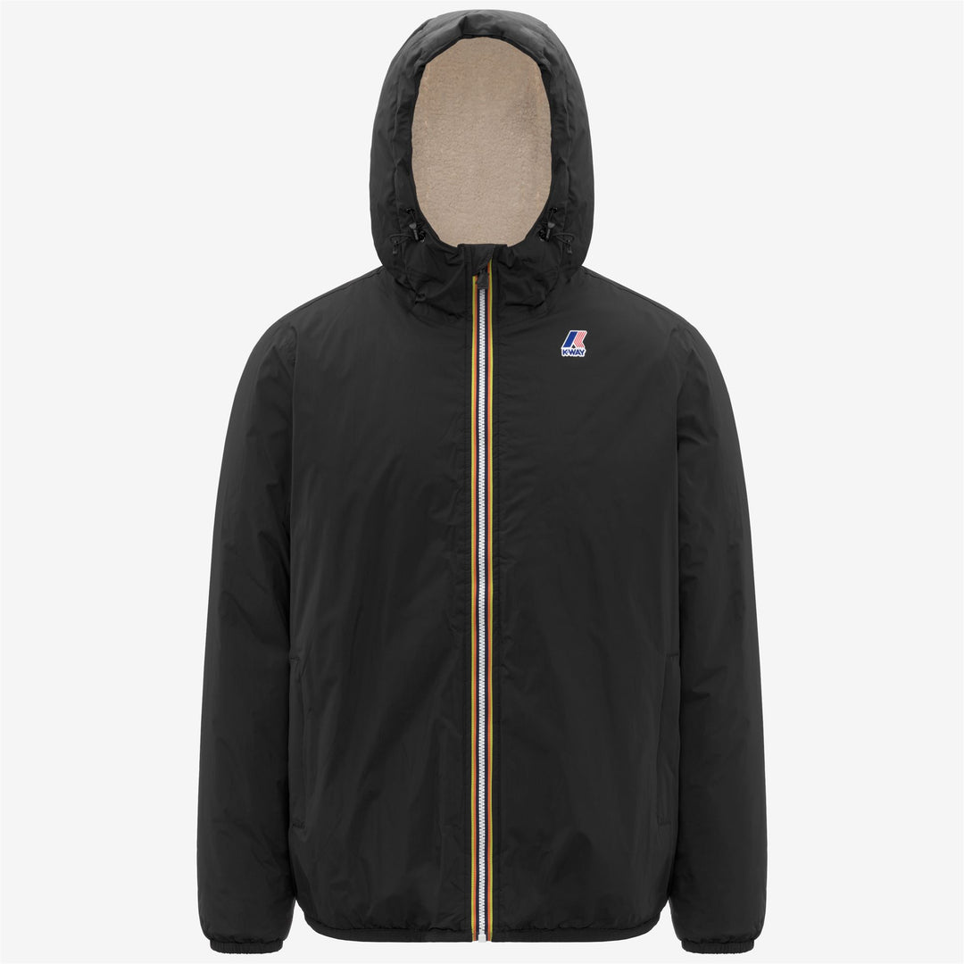 Black unisex mid-season insulated jacket with hood and pockets 01