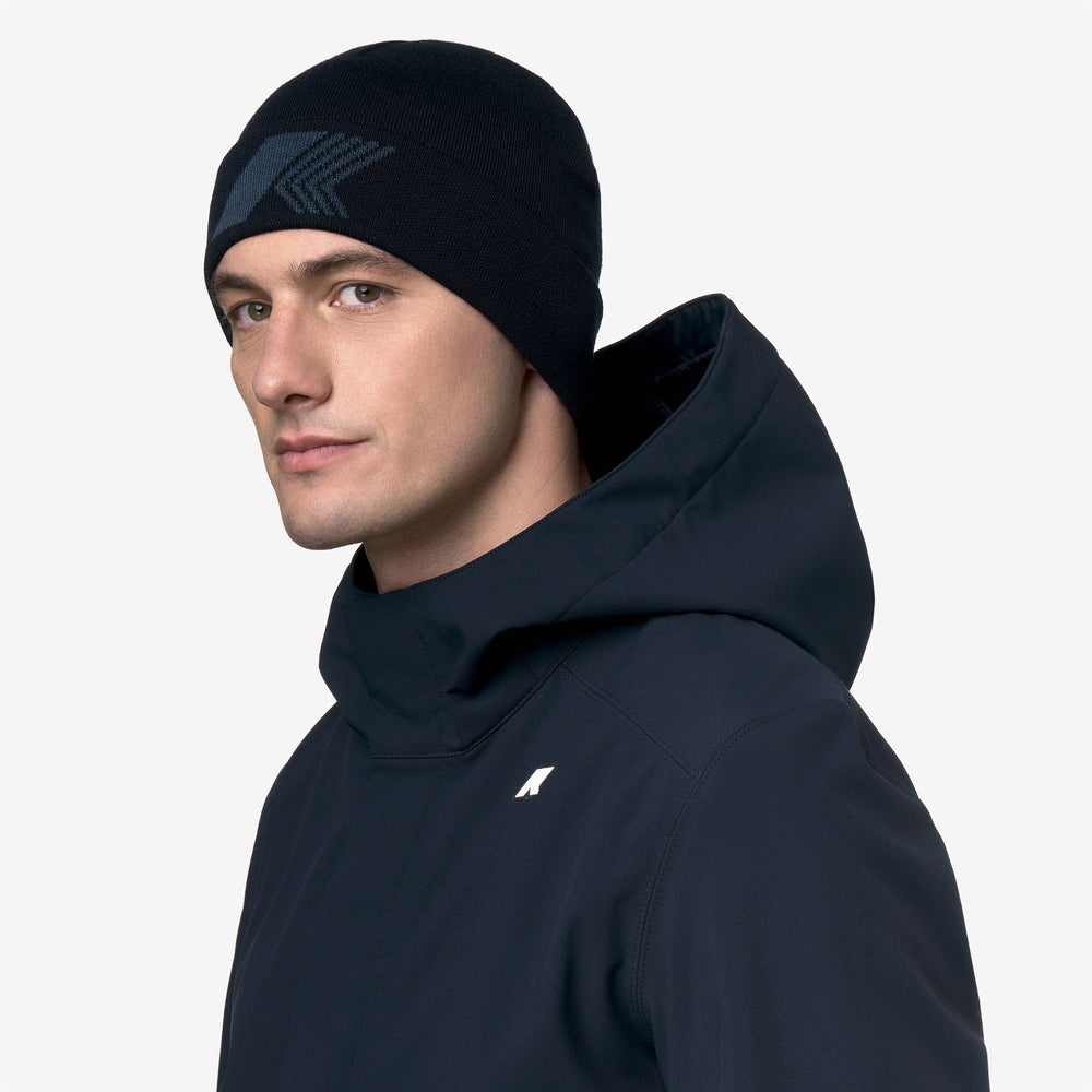 Blue unisex reversible knit hat with jacquard logo 02