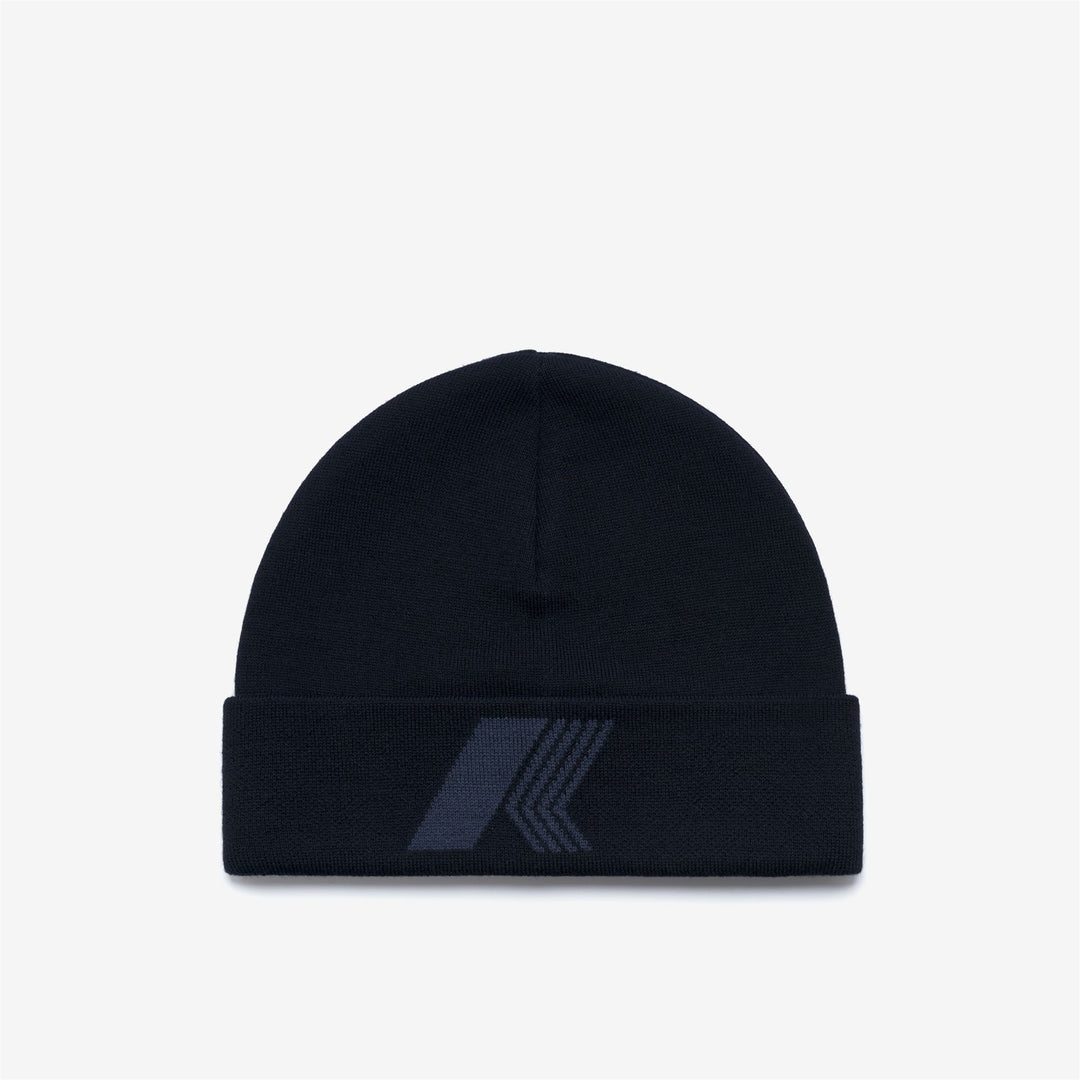 Blue unisex reversible knit hat with jacquard logo 01