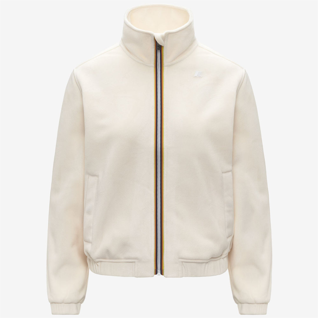 Chaqueta polar de terciopelo blanca para mujer con cuello alto y bolsillos 01