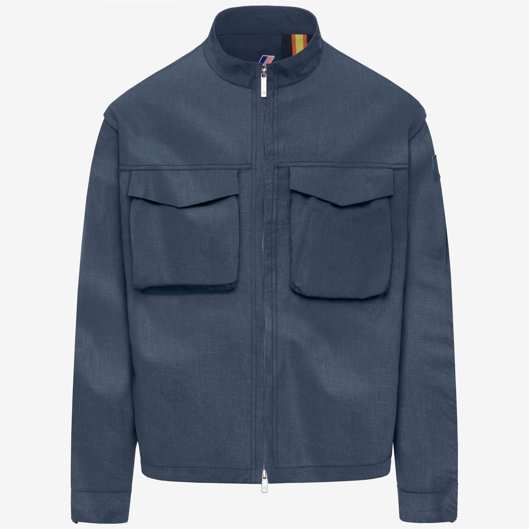 Blue Men's Short Waxed Linen Blend Jacket with Pockets 01