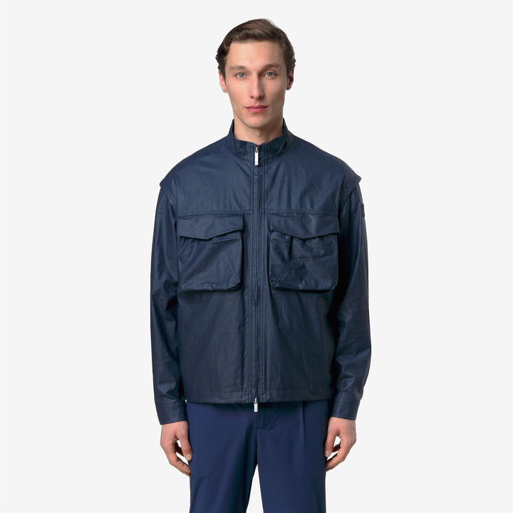 Blue Men's Short Waxed Linen Blend Jacket with Pockets 4