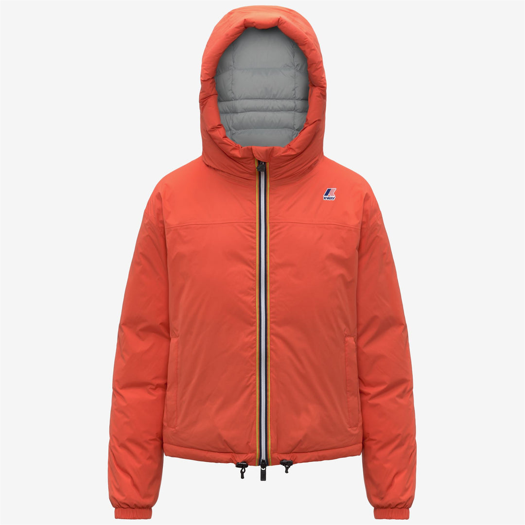 Chaqueta corta de plumas naranja para mujer con capucha y bolsillos 01