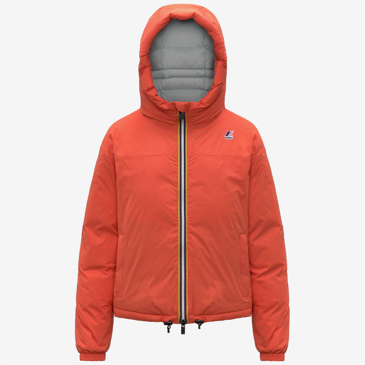 Chaqueta corta de plumas naranja para mujer con capucha y bolsillos 1