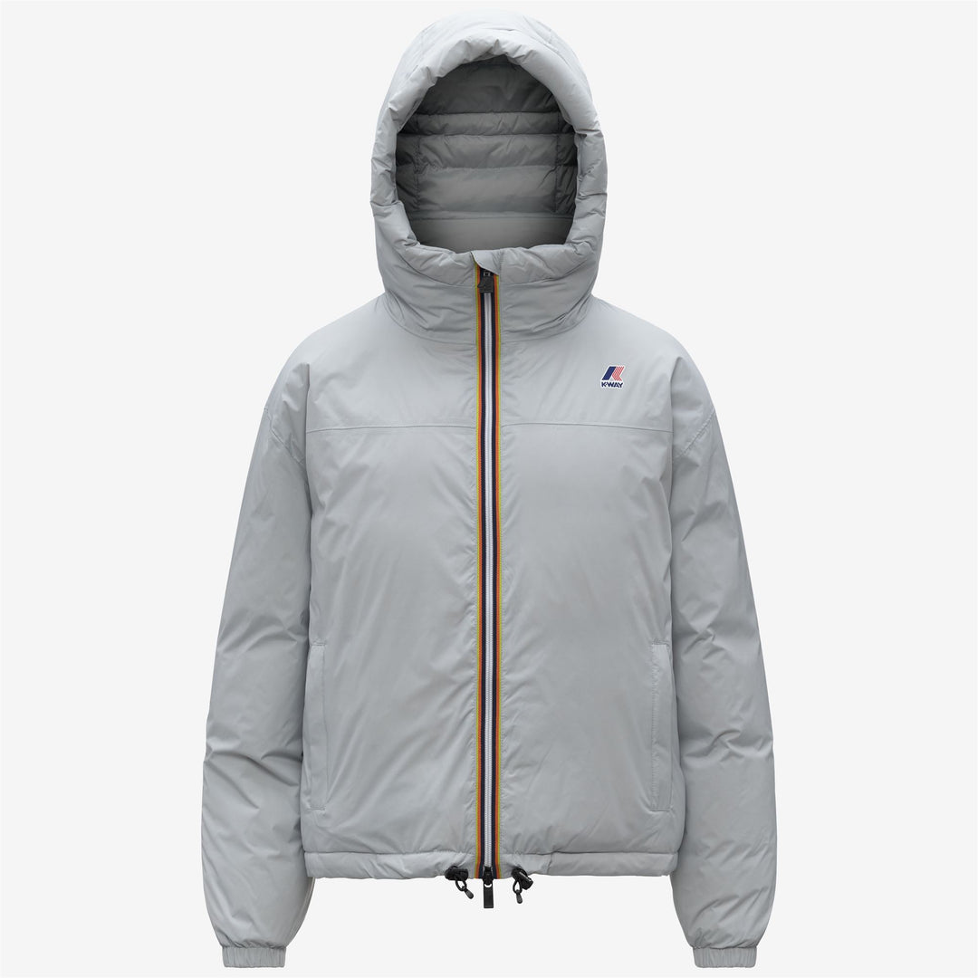 Chaqueta corta de plumón gris para mujer para clima frío 01