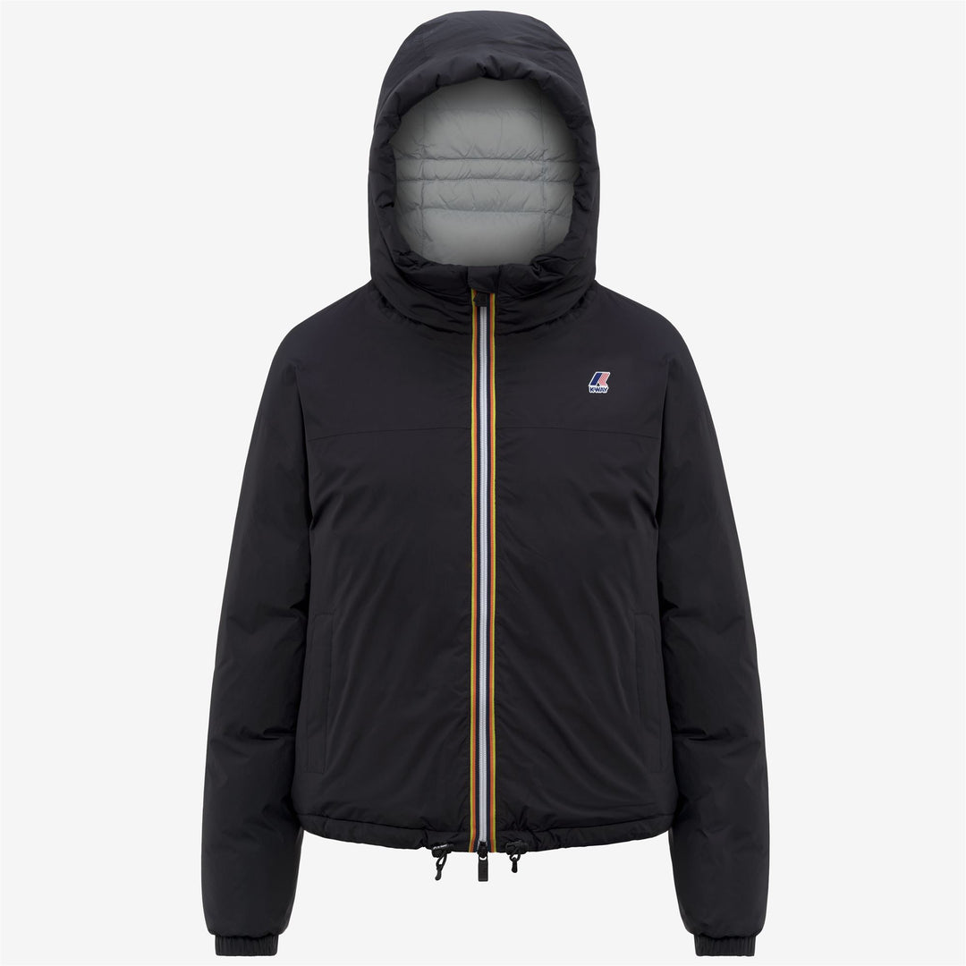 Chaqueta corta de plumas negra para mujer con capucha y cierre de cremallera 01