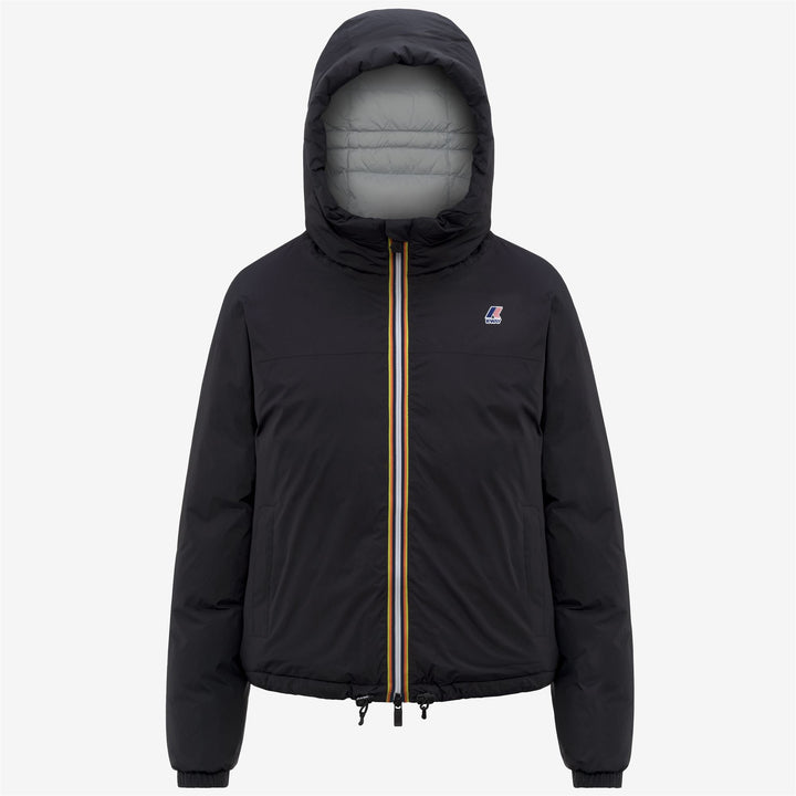 Chaqueta corta de plumas negra para mujer con capucha y cierre de cremallera 1