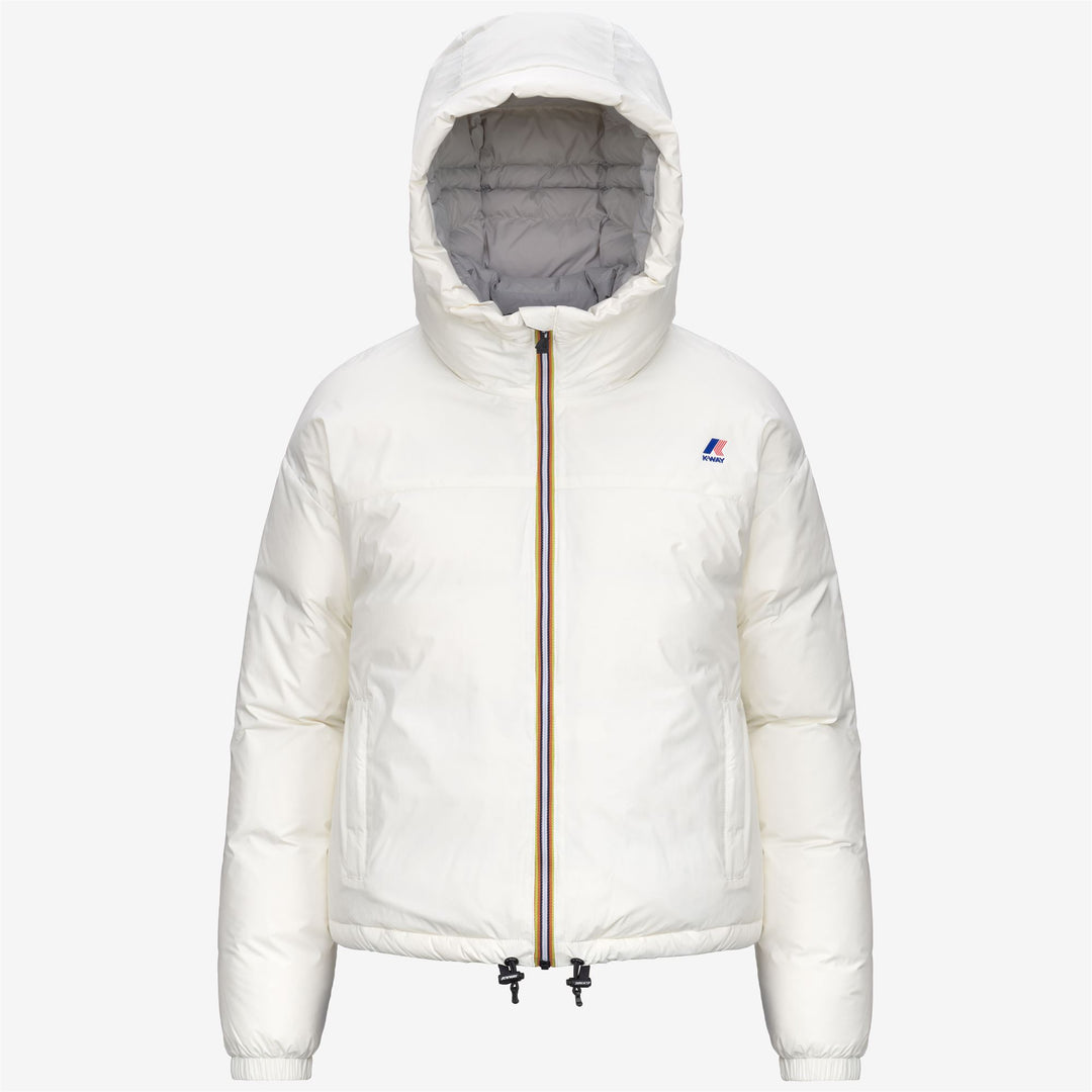 Chaqueta corta de plumón blanca para mujer con capucha y aislamiento cálido 01