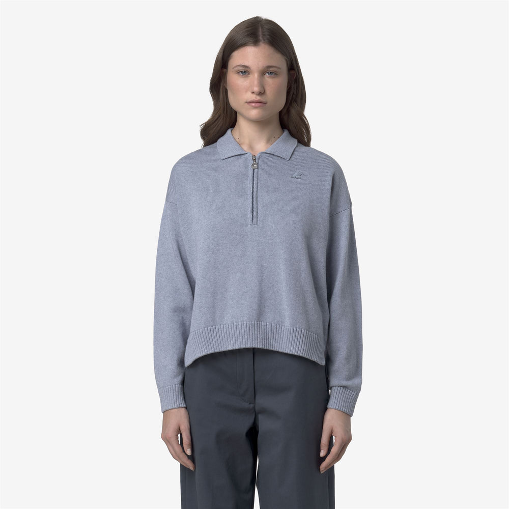 Azure blue Women's Cotton Cashmere Pullover with Polo Collar 02