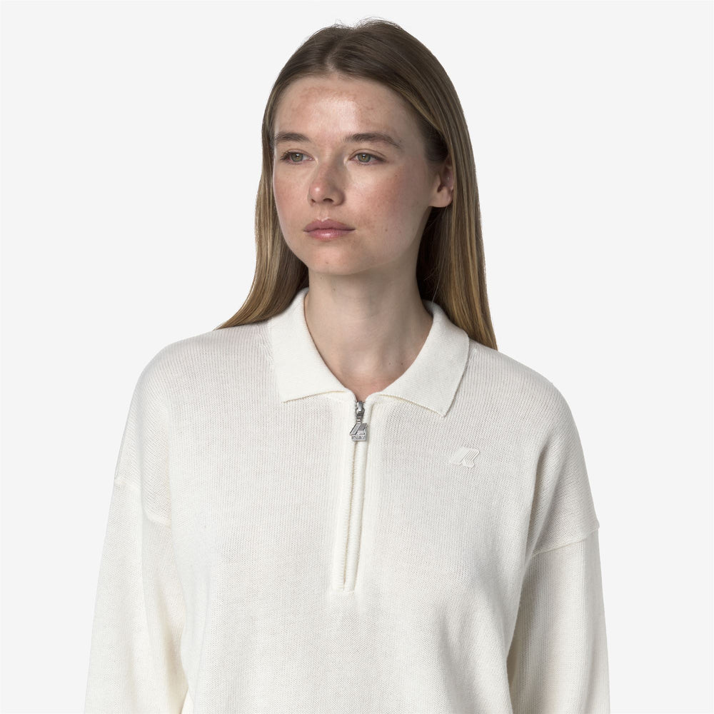 Jersey blanco de mezcla de cachemira con cuello polo para mujer 02
