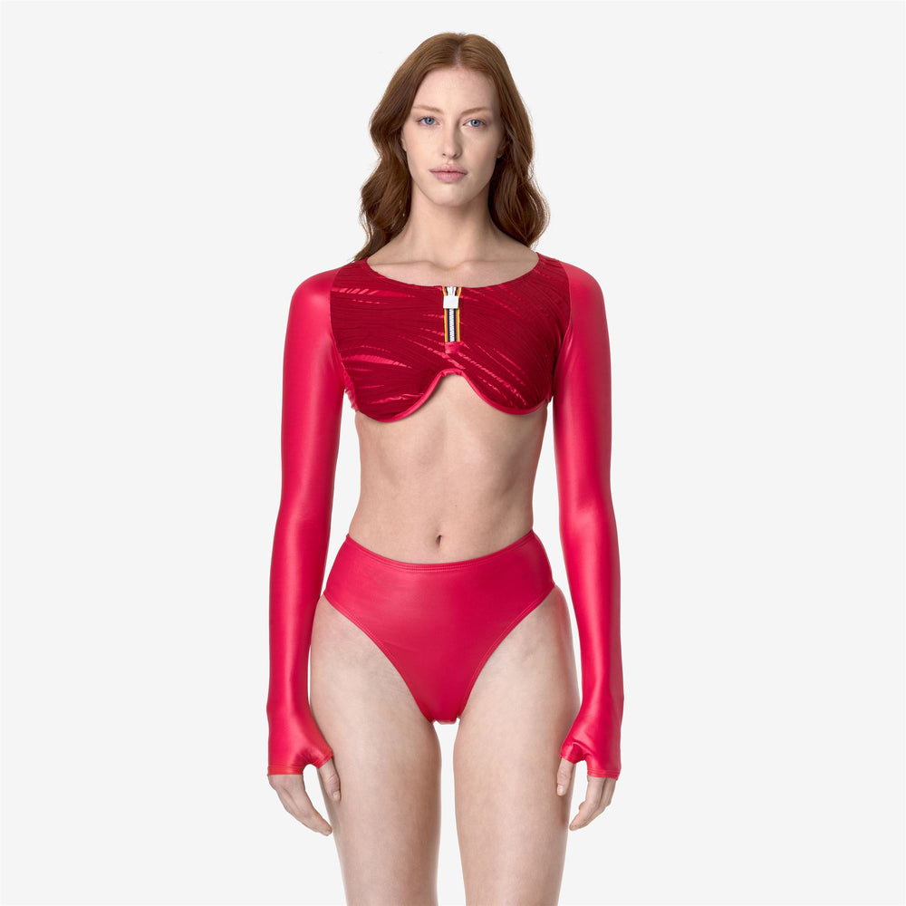 Fuchsia Women's Bathing Suit Top with Long Sleeves and Zip Closure 02