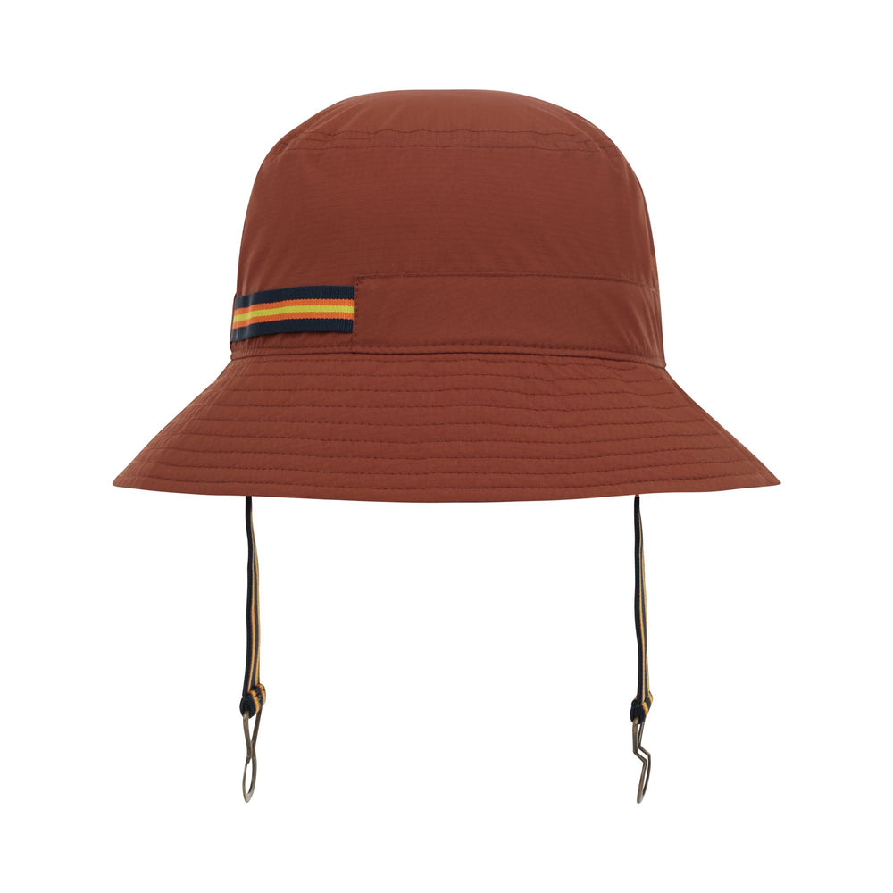 Brown unisex waterproof bucket hat with K-WAY tricolor stripe 02