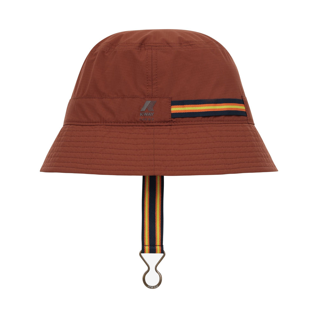 Brown unisex waterproof bucket hat with K-WAY tricolor stripe 01