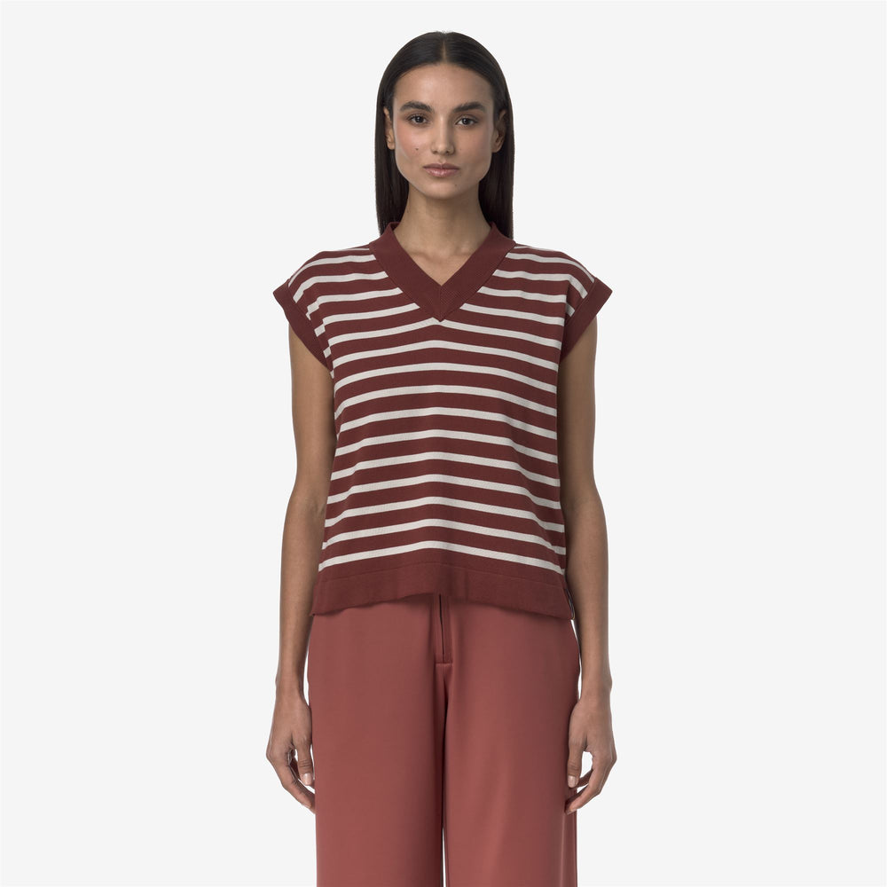 Beige red Women's Striped Cotton Knit Vest for City Wear 02