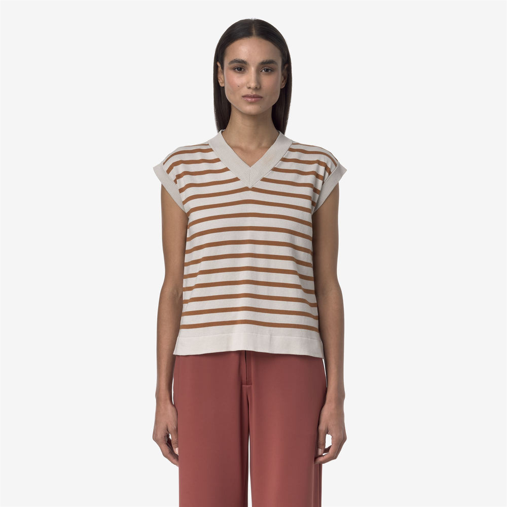 Beige Grey Women's Striped Knit Vest for City Wear 02