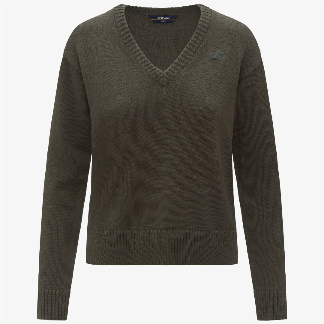 Maglione da donna in cashmere e cotone con scollo a V, verde nerastro 01